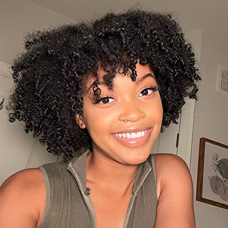 Afro Kinky Curly Wig with bangs Glueless Scalp Top Full Machine Made Human Hair Wigs for Black Women 200Density Kinky Curly Brazilian Human Hair Wig 14inch Natural Color