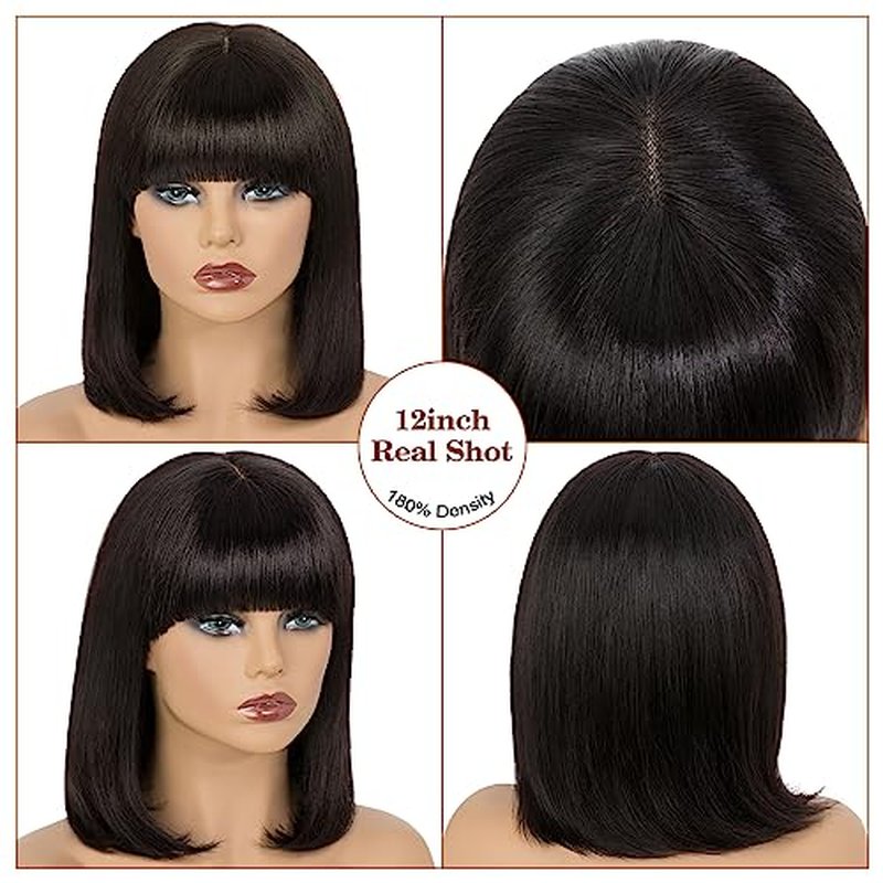 Benehair 12 Inch Light Yaki Straight Human Hair Wig Bob Wig with Bangs 2.75x1 Realistic Look Lace Glueless Wigs Human Hair Blunt Cut Short Black Bob Wig with Bangs 180% Density Natural Black