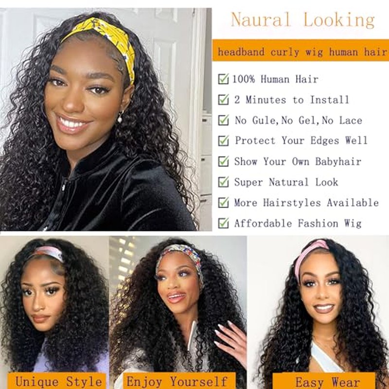 Headband Wig Human Hair Curly Wigs for Black Women 24 inch Wigs Human Hair Glueless Wear and Go None Lace Front Wig Headband Wigs Machine Made 180% Density Natural Color