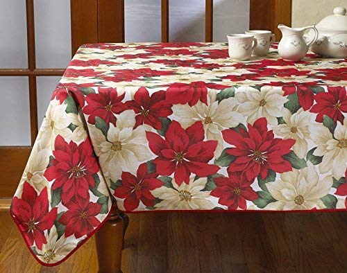 Violet Linen European Holiday Christmas Poinsettia Floral Design Printed Tablecloth - Beige - 60" by 102" Oblong/Rectangle