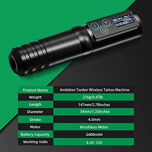 Ambition Torden Wireless Tattoo Machine with Brushless Motor - 2400mAh Rotary Battery Cartridge Pen with Extra Power Supply Digital LED Display for Professionals and Beginners Tattoo Artists