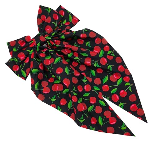 Cherry Hair Bow Clip for Women Red Cherry Large Bowknot Hairpins Long Ribbon Ponytail Holder Cute Fruit Barrettes Decoration Accessories (Black)