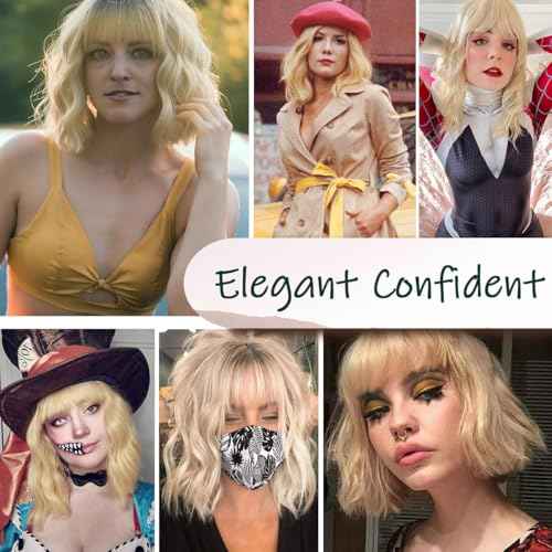 Ombre Blonde Wigs for Women Short Wavy Blonde Wig with Bangs Dark Roots Blonde Wig Medium Length Natural Synthetic Hair for Daily Party&Cosplay