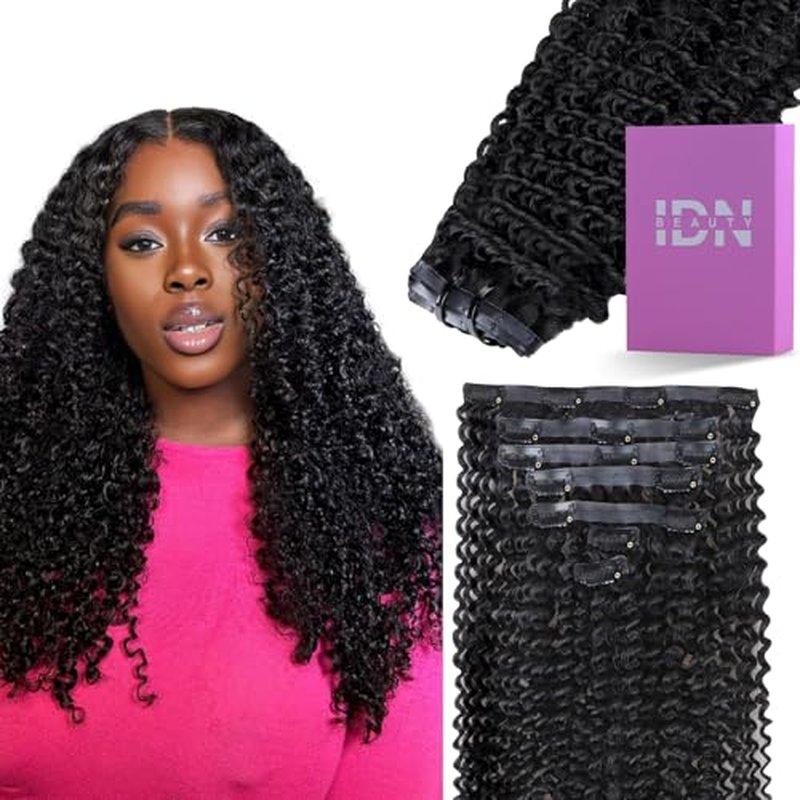 IDN BEAUTY Seamless Clip In Hair Extensions Human Hair, Kinky Curly 18 Inch 110g 7pcs Natural Black Seamless Curly Clip Ins Remy Human Hair Seamless Clip Ins For Black Women PU Weft Invisible Edge