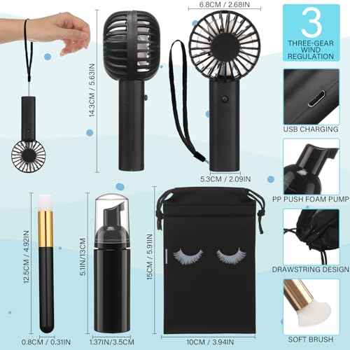 Woanger 24pcs Lash Shampoo Kits Rechargeable Handheld USB Portable Fans Eyelash Shampoo Brush Empty Bottle Drawstring Bag for Lash Care Operation Christmas Items Employee Appreciation Gift(Black)