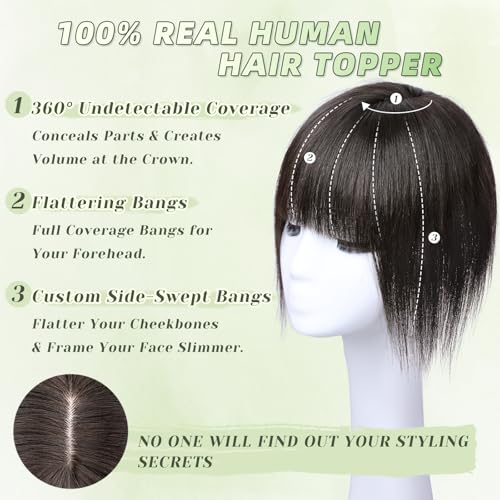 MOSINA Human Hair Toppers for Women Real Human Hair Toppers Hair Pieces for women 3.2" x 4.5" Silk Base Real Hair Toppers for Women with Thinning Hair(Brown Black)