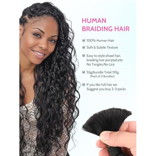 100% Human Hair Bundles for Boho Braids 2pcs/110g Unprocessed Virgin Hair Set Natural Smooth Tangle-Free, Perfect Human Hair Boho for Women to Boost Beauty Ideal (Natural black-Deep, 20")