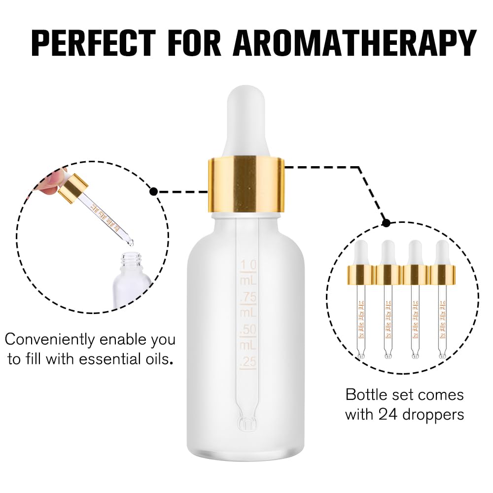 PrettyCare 1oz Glass Dropper Bottle Set of 24, Thick Rose Frosted Glass Bottles Empty with Leakproof Caps, Labels, Funnels - 30ml Eye Dropper Bottles for Storage, Travel, Essential Oils, Tincture