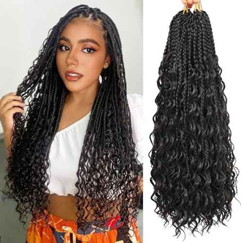 Boho Crochet Braids for Women Black 18 Inch 7 Packs Boho Braids Crochet Hair with Curly Ends Pre Looped Bohemian Crochet Hair Extensions, 1B