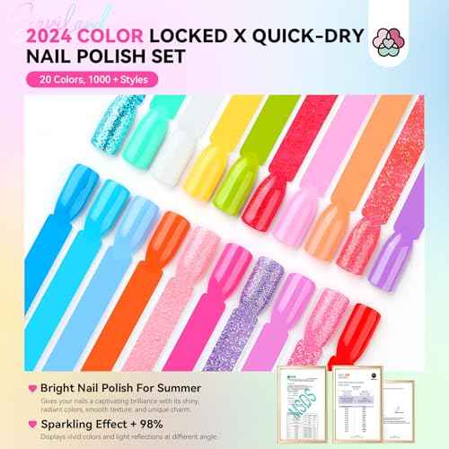 SAVILAND Quick-Dry Nail Polish Set - 20pcs Neon Rainbow Brights, Fingernail Polish Non-Gel Summer Colors with Castor Oil Infused Base & Glossy/Matte Top Nail Coats for Salon & Home Manicures DIY