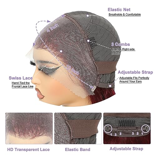 REMY HAIR 99J Lace Front Wigs Human Hair 13x4 Transparent Frontal Lace Straight Wig Pre Plucked with Baby Hair 180% Density Brazilian Virgin Glueless Wigs for Women Burgundy Lace Front Wigs (14 Inch)