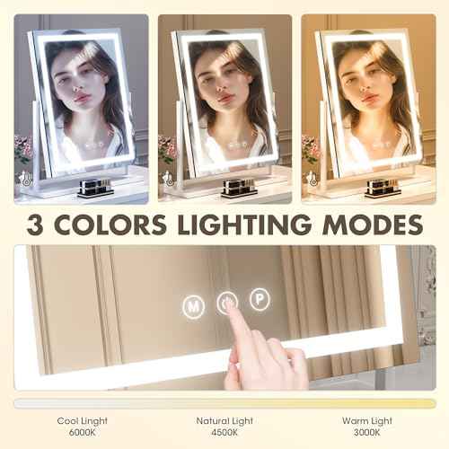 Hasipu Vanity Mirror with Lights, 16" x 20" LED Makeup Mirror, Light up Mirror with Smart Touch 3 Color Modes and Brightness Adjustment, 10X Magnifying Glass,360¡Æ Rotation