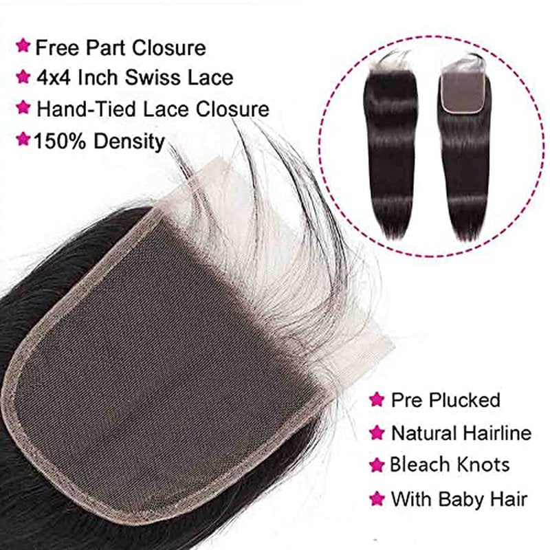 Straight Bundles with Closure Human Hair 20 22 24+18 Brazilian Human Hair Bundles with Closure Straight 100% Unprocessed Virgin Weave Hair Bundles with Lace Closure