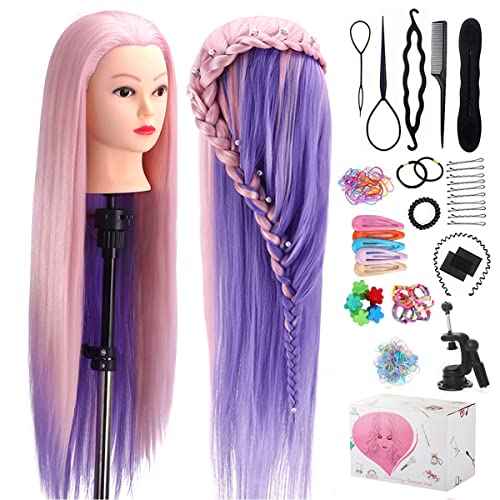 TopDirect 29" Mannequin Head with Hair,Doll Head for Cosmetology Hair Styling Training Head,Manikin Braiding Head With Clamp Holder and Styling Tools (Pink Purple)