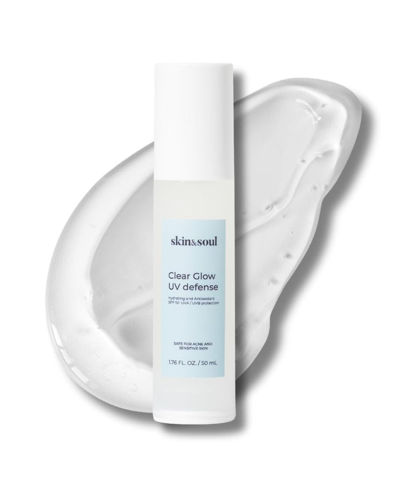 Skin & Soul Clear Glow UV Defense SPF 50 – Lightweight Sunscreen for Sensitive & Acne-Prone Skin – Vitamin C, Hyaluronic Acid & Green Tea – No White Cast – 1 fl oz