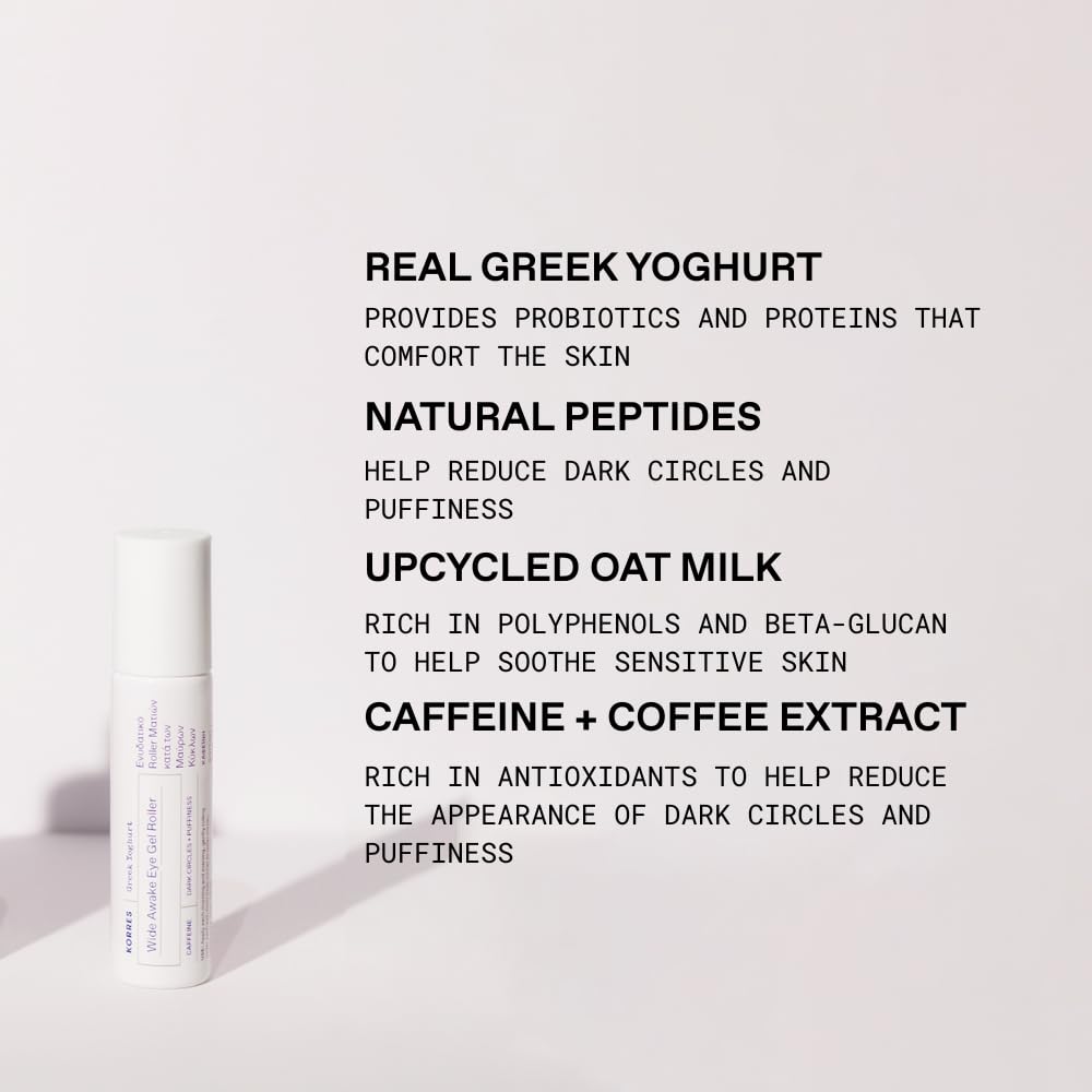 KORRES Greek Yoghurt Wide Awake Eye Gel Serum with Hyaluronic Acid & Caffeine for Dark Circles & Puffy Eyes, Roller Ball, Brightening & Hydrating, 0.51 fl oz