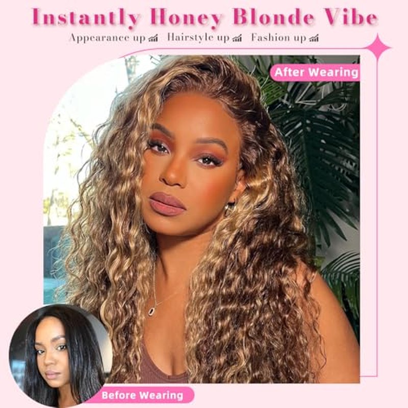 18 inch Highlight Deep Wave Wig Human Hair, Ombre Lace Front Wig Human Hair, Honey Blonde Highlight Wig Human Hair, Wet and Wavy Lace Front Wigs Human Hair Pre Plucked 180% Density