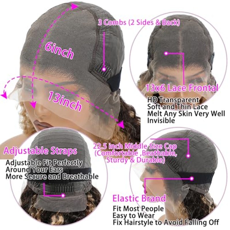Highlight 13x6 Deep Wave Lace Front Wigs Human Hair 4/27 Ombre Curly HD Transparent Lace Frontal Wig Pre Plucked Glueless Wig human hair 210% Density Wet and Wavy Curly Wigs 18 Inch