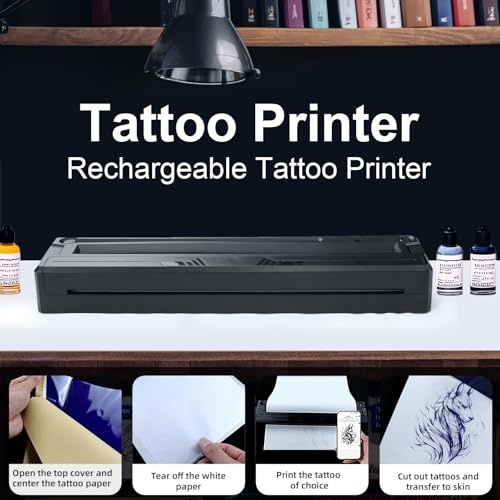 New Tattoo Stencil Printer - Wireless Bluetooth Thermal Kit with 10 Transfer Papers, Fits Custom-Size A4-A8 Width Thermal Paper, Works for Phones/Tablets/PC/Mac, for Artists & Beginners (Black)