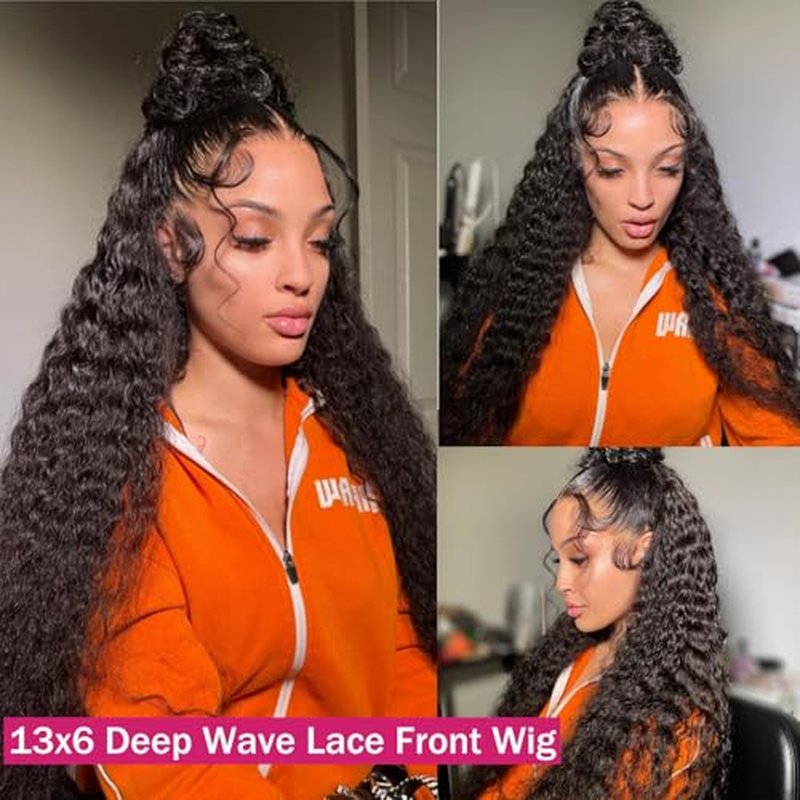 13x6 Lace Front Wigs Human Hair 200 Density Deep Wave HD Lace Front Wigs Human Hair Curly Glueless Wigs Human Hair Pre Plucked 13x6 HD Frontal Lace Front Wigs for Women (26 Inch)