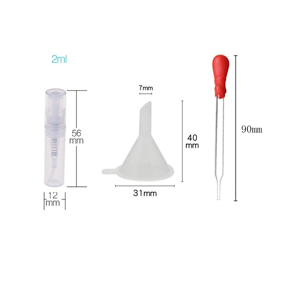 Haishell 150 Pcs Mini 2ML Atomizer Plastic Bottle Spray Refillable Perfume Empty Sample Bottle With 2 pcs Mini Plastic Funnels and 2 pcs Glass Droppers for Travel Party Portable Makeup Tool