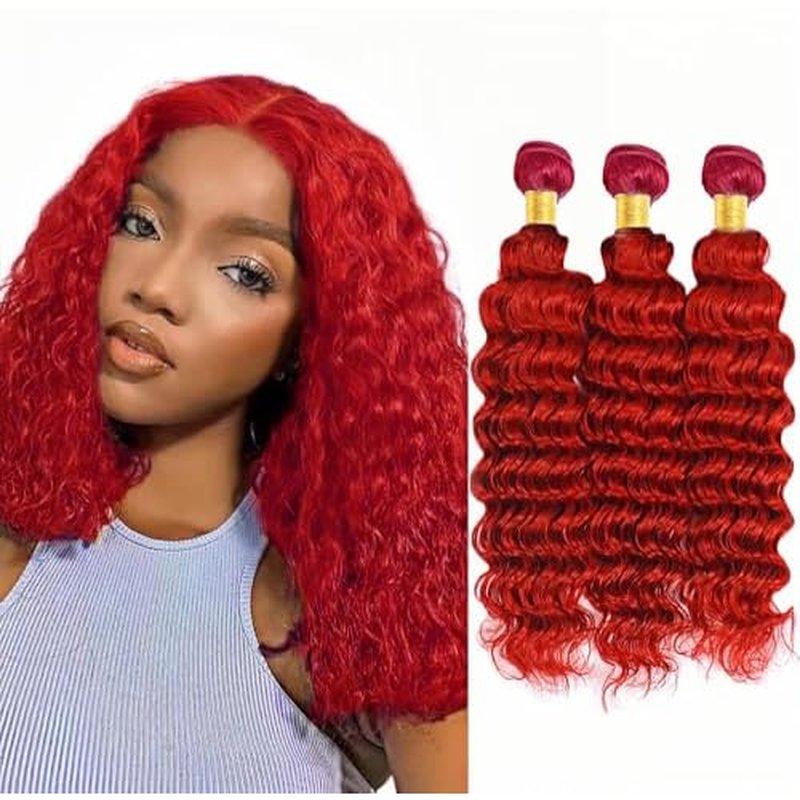Red Bundles Deep Wave Bundles Human Hair 34 34 34 Inch Unprocessed Brazilian Virgin Hair Weave 3 Bundle Red Deep Wave Human Hair Extensions 50 Grams Per Bundle