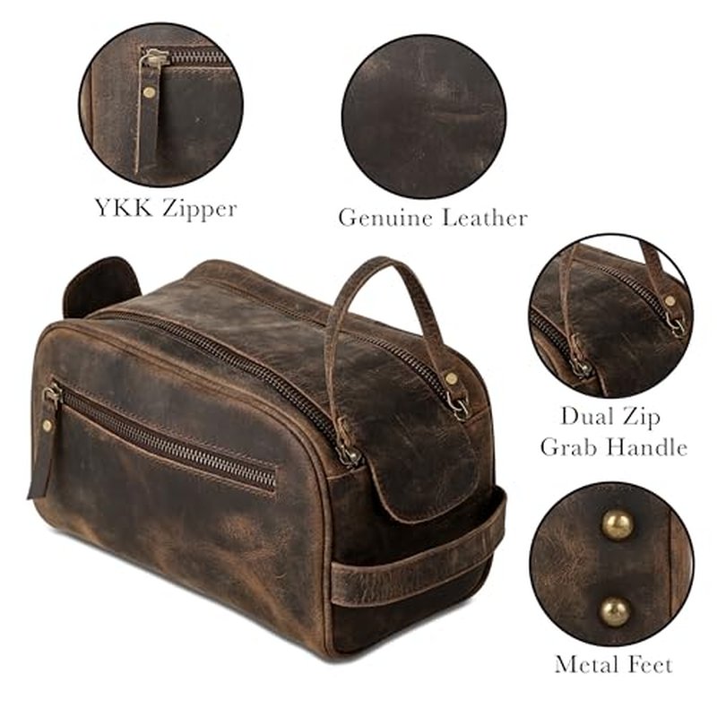 KomalC Leather Toiletry Bag For Men & Women, Handcrafted Buffalo Leather Travel Kit, Water-Resistant Shaving Bag For Men Travel, Premium Rustic Toiletry Pouch with Zipper Closure