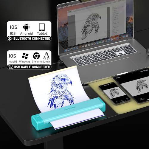 Padieoe Tattoo Stencil Printer, 2000mAh Wireless Thermal Tattoo Printer with 10PCS Transfer Paper, Compatible with Phone/Tablet/PC, Portable Thermal Transfer Machine for Tattooists & Beginners