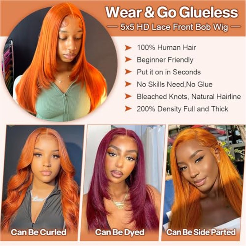 Wear and Go Glueless Bob Wig Human Hair 200% Density 5x5 HD Lace Closure Wigs For Black Women Glueless 5x5 Closure Wigs Human Hair Pre Plucked Bob Ginger Color 18 Inch