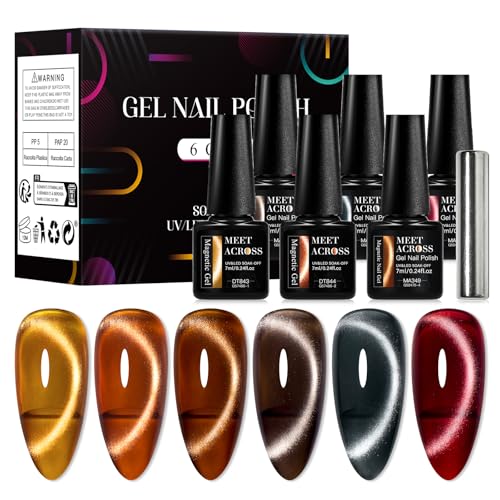 MEET ACROSS Amber Cat Eye Gel Polish Set Brown Glitter Gel Polish Kit Nude Cat Eye Gel Nail Polish Magnet Translucent Soak Off UV Cateye Nail Polish with Magnet Fall and Winter Gifts