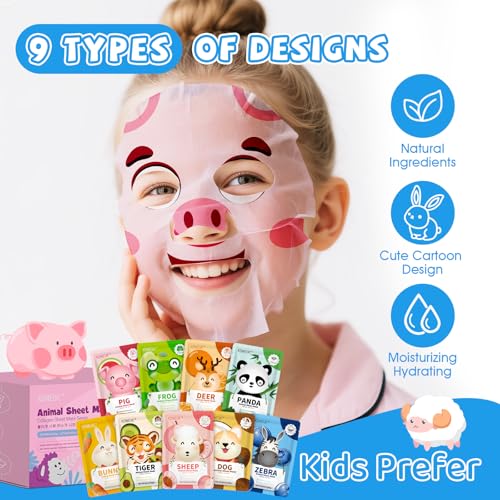 54 Pack Animal Kids Face Mask Spa, Bulk Collagen Hydrating Sheet Face Masks Skincare for Girls Teens, Christmas Gifts, Birthday Gifts, Stocking Stuffers for Women