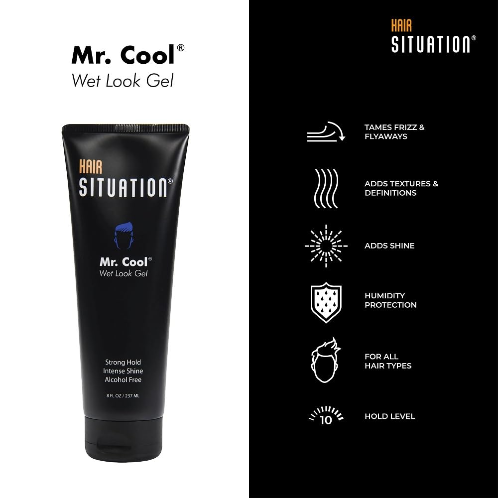 Hair Situation Mr. Cool Wet Look Strong Hold Hair Styling Hair Gel, High Shine, Anti-Humidity Shield, Anti-Frizz Fly Away, Alcohol-Free, No Flake Formula Made with Vitamins to Strengthen Hair, 8 Fl Oz