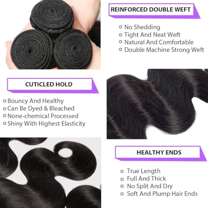 12A Body Wave Bundles Human Hair 22 24 26 Inch Human Hair Bundles 100% Unprocessed Brazilian Virgin Weave 3 Bundles Deals for Women Quick Weave Wet and Wavy Thick and Full Hair Real Natural Black