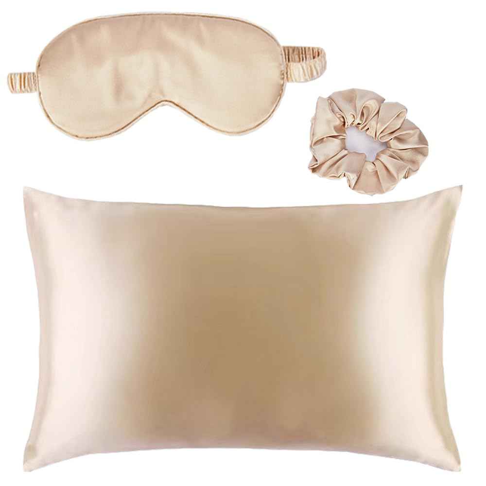 Soft Satin Eye Sleeping Mask and Pillowcase Set Satin Pillowcase and Eye Mask with Scrunchie for Girls (Beige)