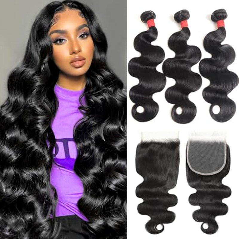 Bundles with Closure Human Hair (18 20 22+16) Body Wave 3 Bundles with 5x5 HD Closure 100% Human Hair 12A Unprocessed Virgin Hair Natural Black