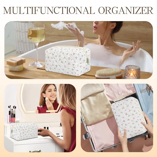Quilted Makeup Pouch,Cotton Puffy Makeup Bag, Coquette Cosmetic Bag for Women and Girls, Aesthetic Organizer Bag, Cute Flower Travel Toiletry Bag