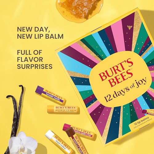 Burt's Bees 12 Days of Joy Lip Balm Advent Calendar Gift Set, Flavored Lip Balm Pack Great for Office Holiday Gifts, Tint-Free, Natural Origin Lip Care, 12 Tubes, 0.15 oz.