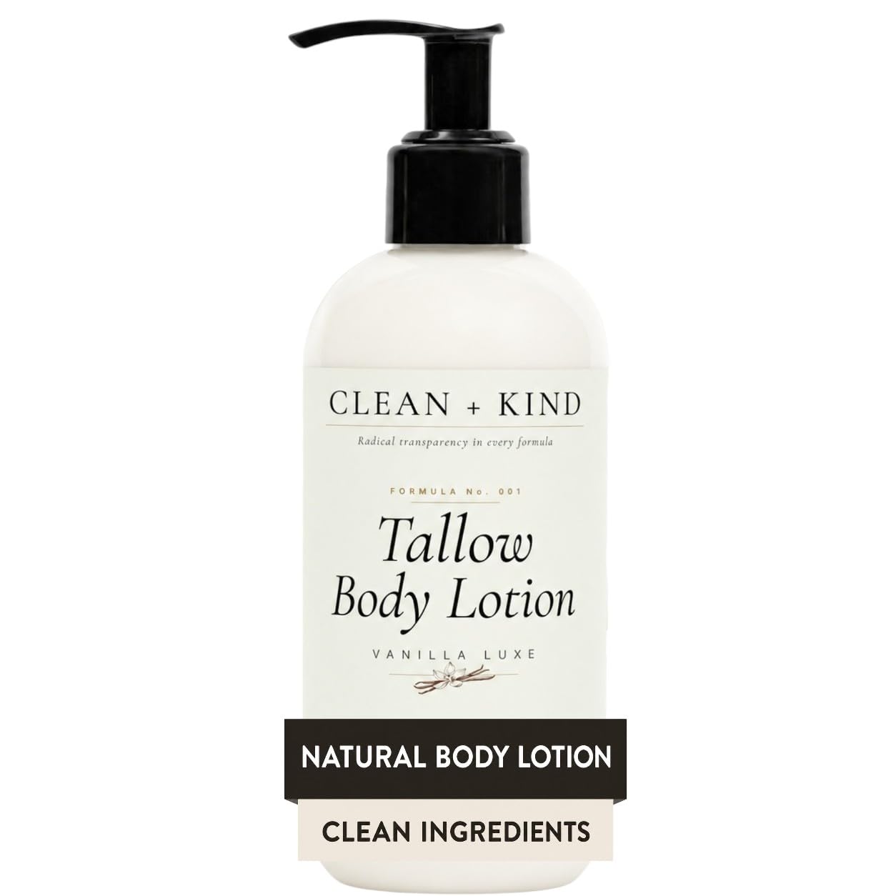 Clean + Kind Vanilla Tallow Body Lotion — Hydrating Non-Toxic Natural Body Moisturizer & Cream, Grass-Fed Beef, Organic Shea, Jojoba, Coconut MCT & Aloe for Dry Sensitive Skin (8 oz)