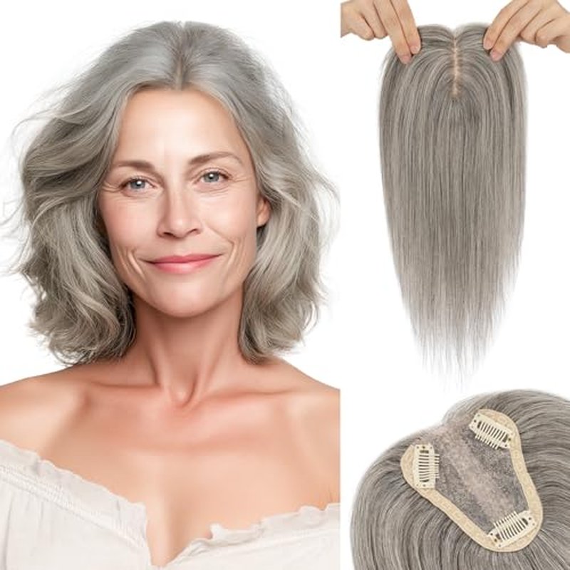Hair Toppers for Women Real Human Hair with No Bangs 3.1¡¿3.9 Inch Silk Base Clip-In Topper Natural Looking Hairpieces for Women£¨12 Inch,Light Grey£©