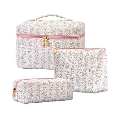 3Pcs Quilted Floral Makeup Bag Cosmetic Bag for Women Teen Girls,Cute Pink Make Up Bags,Aesthetic Large Cotton Cosmetic Pouch,Flower Coquette Travel Toiletry Organizer Storage Bag