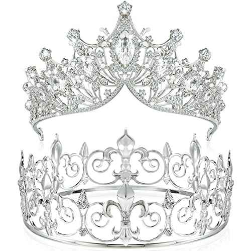 Junkin 2 Pcs Prom King and Queen Crowns for Men Women Baroque Queen King Prince Tiara Princess Crystal Headband for Halloween Wedding Birthday Grad Rhinestone Prom Party(Silver)