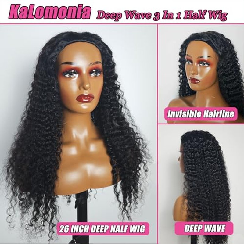 Deep Wave Curly Half Wig Human Hair 200% Density Upgrade Drawstring Seamless Flip Over 3 In 1 Half Wigs for Black Women Wear Go No Lace Glueless Wigs Invisible Hairline Beginner Friendly 20 Inch
