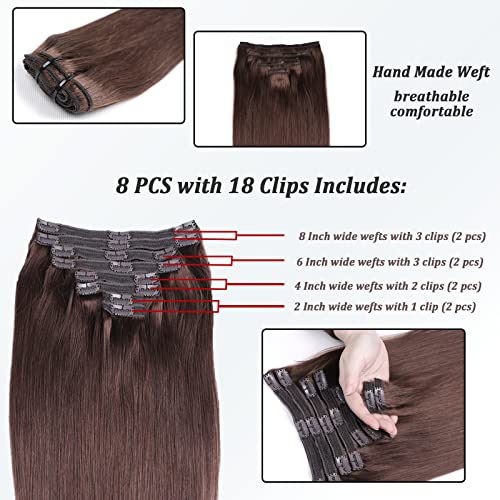 Clip in Hair Extensions Real Human Hair Chocolate Brown Hair Extensions Clip in Human Hair 8 Pcs 120g Straight Remy Hair Extensions(4,14inch)