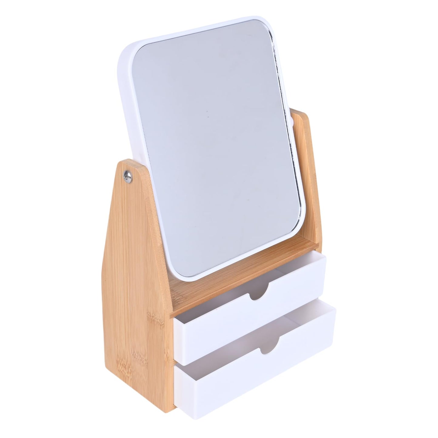 PYSYY 1x / 5X Magnifying Makeup Mirror, Jewelry and Cosmetics Storage Box with Double Drawers, Adjustable Natural Bamboo Stand, 360° rotatable Vertical Desktop Mirror (1, Rectangle)