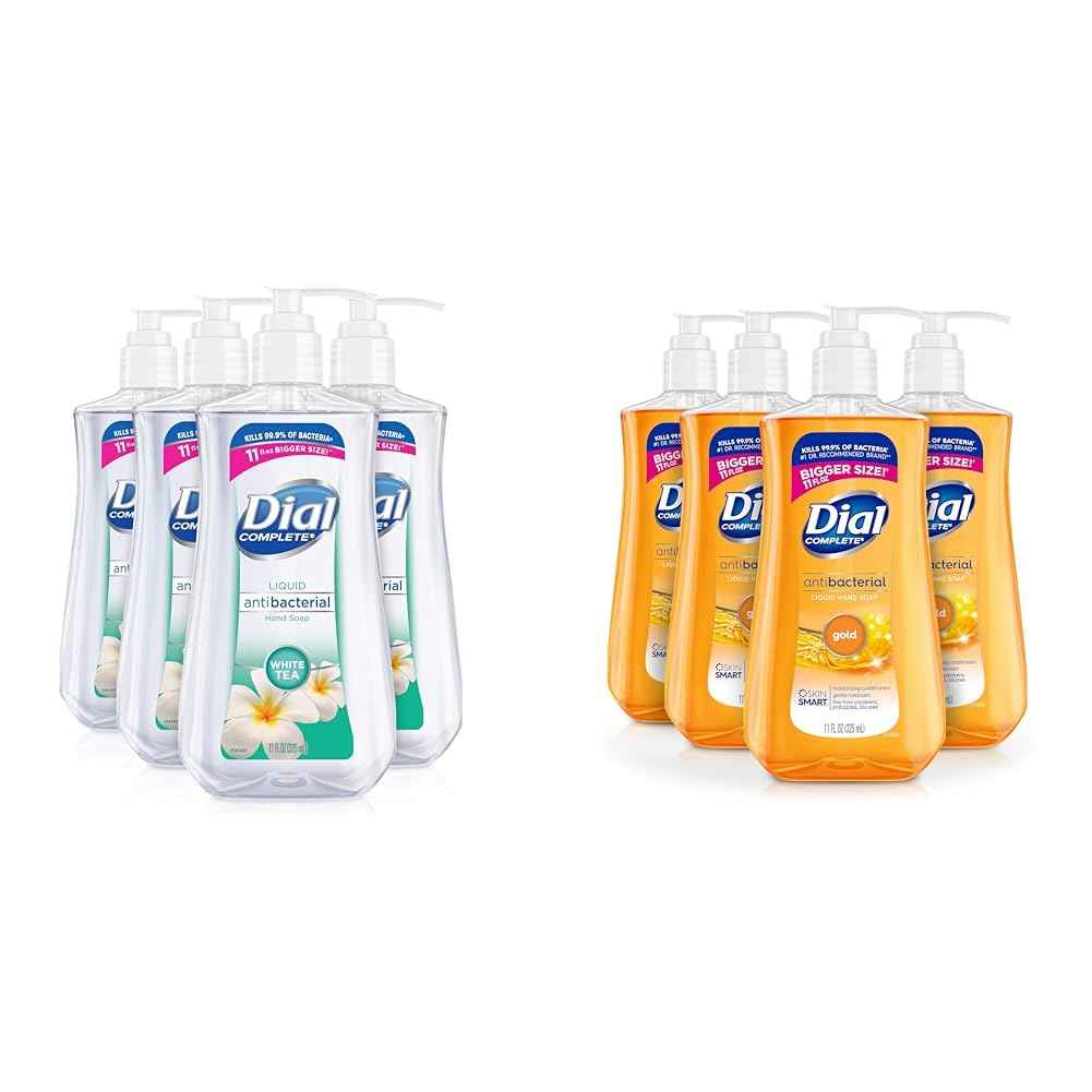 Dial Antibacterial Liquid Hand Soap, White Tea, 11 fl oz (Pack of 4) & Antibacterial Liquid Hand Soap, Gold, 11 fl oz (Pack of 4)