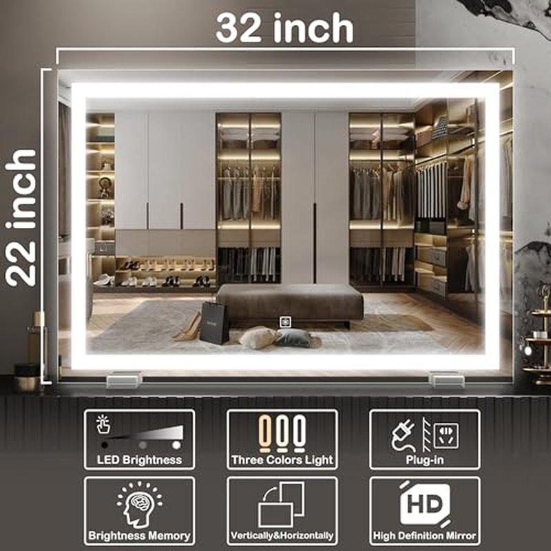 FENNIO Makeup Mirror with Lights 23"x32" £¬LED Makeup Mirror £¬Large Vanity Mirror with Lights£¬Touch Sensor with Dimmable 3 Modes, Square White