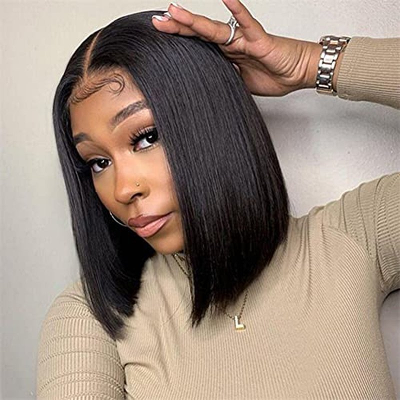 ISEE Hair Glueless Wear and Go Wigs for Beginners Lace Front for Black Women Human Hair Short Straight Bob Human Hair Wigs Lace Pre Cut 14 Inch