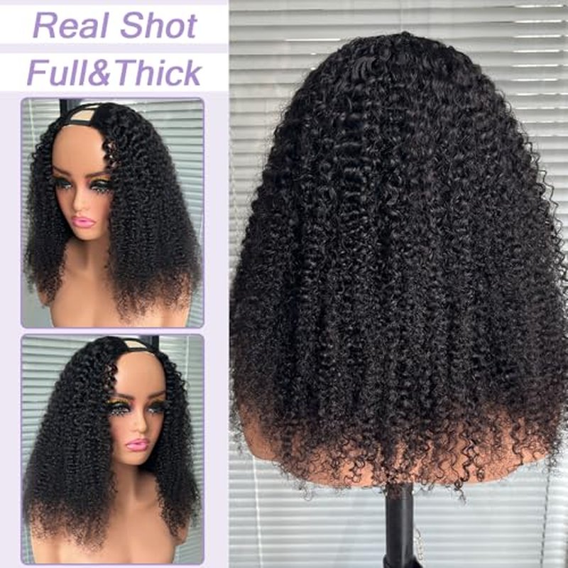 Kinky Curly V Part Wig Human Hair Glueless Clip In 100% Real Human Hair Curly V part Wigs No Glue No Sew In Upgrade U Part Wig For Beginners Friendly 200 Density 18 Inch