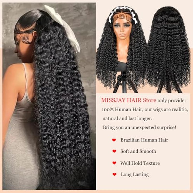 MISSJAY Deep Wave Lace Front Wig Human Hair 13x6 Lace Frontal Wigs 200% Density Glueless Brazilian Virgin Human Hair Wig Deep Curly Wigs Pre Plucked for Black Women 24 Inch