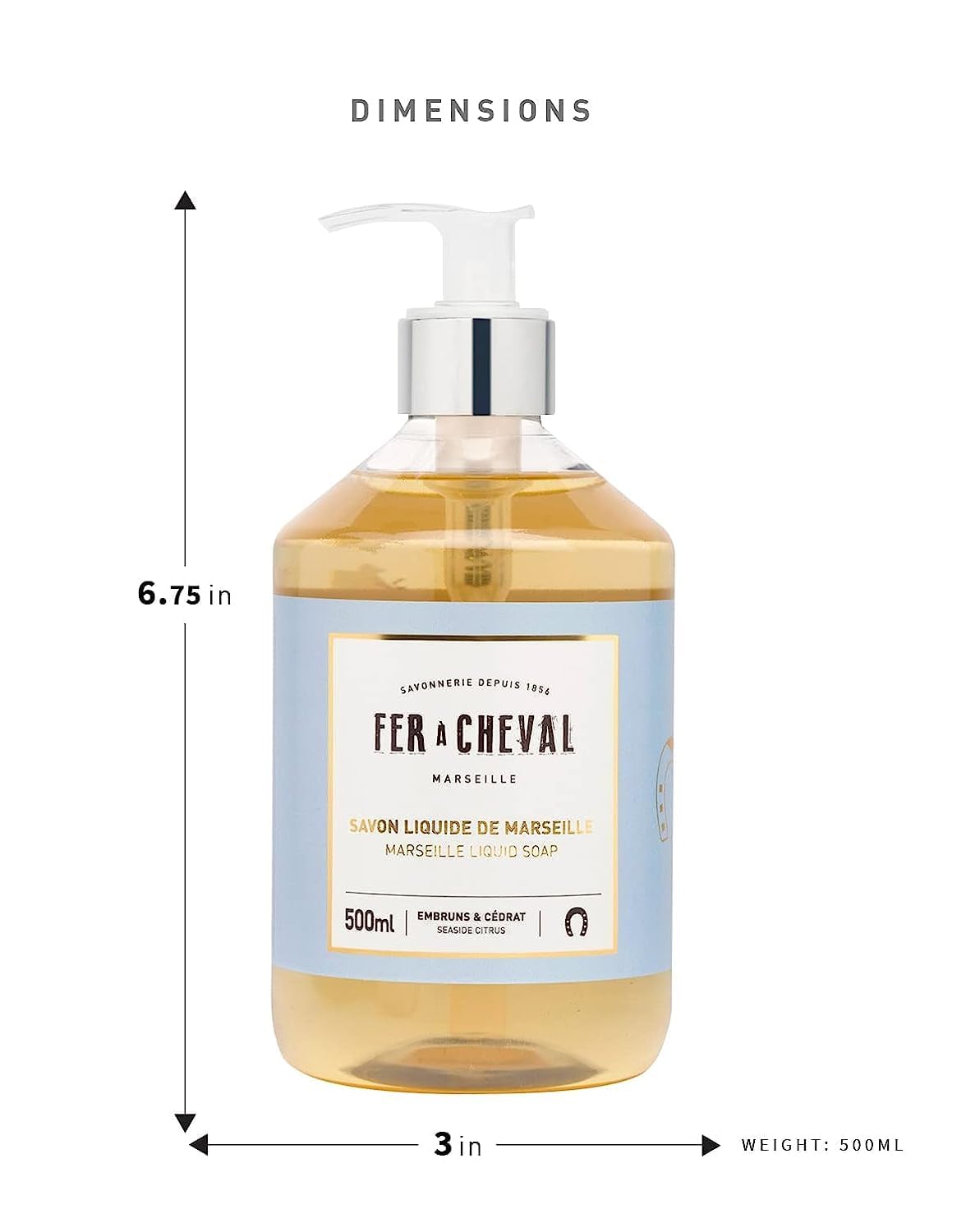 Fer à Cheval Marseille Liquid Soap, Luxury French Liquid Soap, Savon Liquide De Marseille, Seaside Citrus, 500 ml/16.9 fl oz